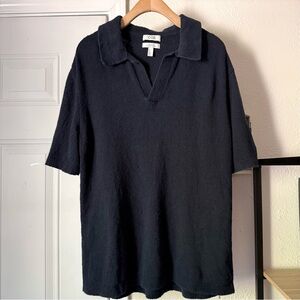 COS navy blue cotton boucle terry cloth knit short sleeve polo shirt